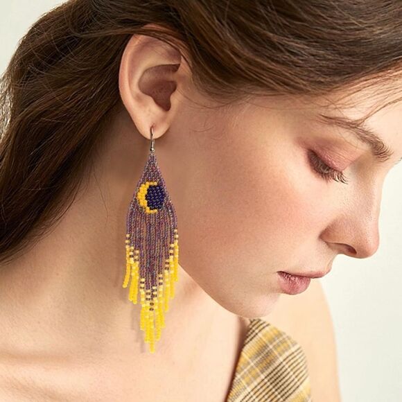 Moon Boho Seed Bead Tassel Dangling Statement French Wire Hook Earrings - Picture 9 of 9